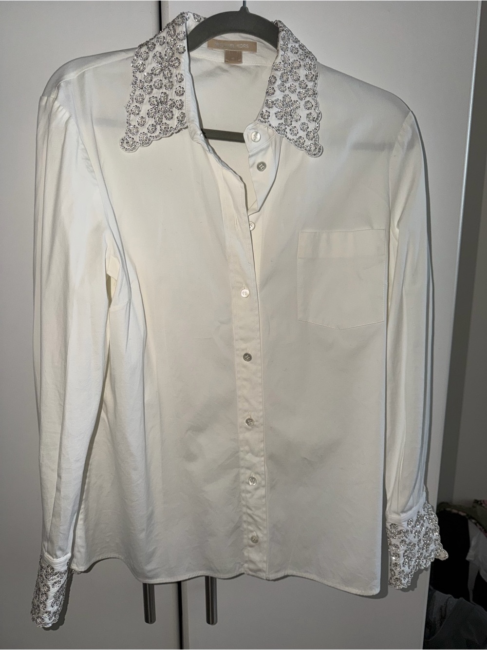 Michael Kors White Button-Down Shirt with Beaded Collar & Cuffs